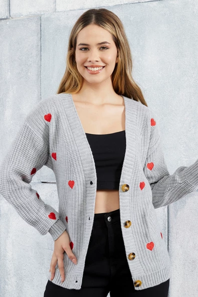 Lugmo Kadın Triko Hırka Kalp Nakışlı Standart Beden Gri - Resim 5