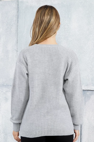 Lugmo Kadın Triko Hırka Kalp Nakışlı Standart Beden Gri - Resim 7