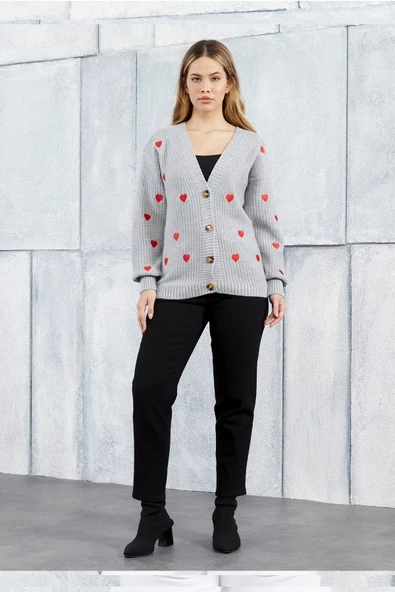 Lugmo Kadın Triko Hırka Kalp Nakışlı Standart Beden Gri - Resim 8