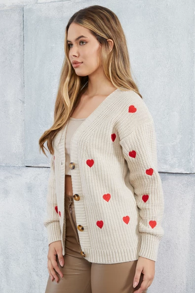 Lugmo Kadın Triko Hırka Kalp Nakışlı Standart Beden Taş - Resim 5