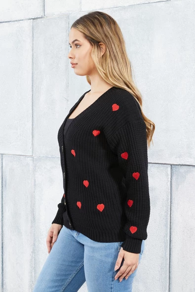 Lugmo Kadın Triko Hırka Kalp Nakışlı Standart Beden Siyah - Resim 6