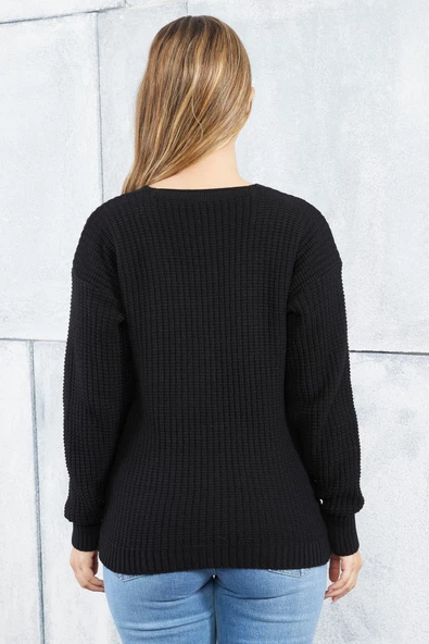 Lugmo Kadın Triko Hırka Kalp Nakışlı Standart Beden Siyah - Resim 5