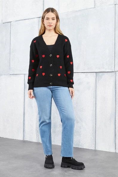 Lugmo Kadın Triko Hırka Kalp Nakışlı Standart Beden Siyah - Resim 7