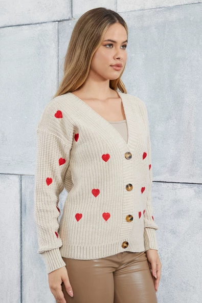 Lugmo Kadın Triko Hırka Kalp Nakışlı Standart Beden Taş - Resim 2