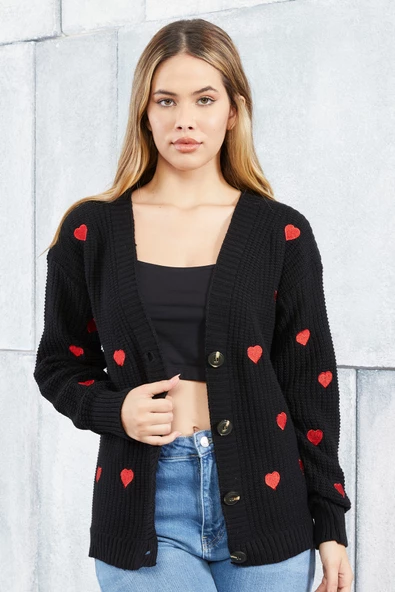 Lugmo Kadın Triko Hırka Kalp Nakışlı Standart Beden Siyah - Resim 3