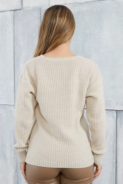 Lugmo Kadın Triko Hırka Kalp Nakışlı Standart Beden Taş - Resim 6