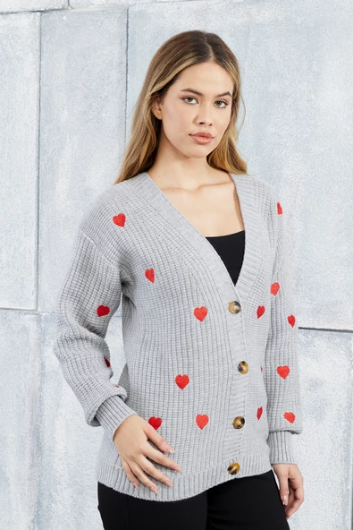 Lugmo Kadın Triko Hırka Kalp Nakışlı Standart Beden Gri - Resim 4