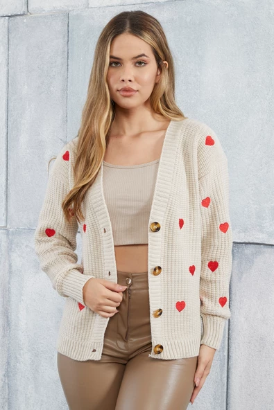 Lugmo Kadın Triko Hırka Kalp Nakışlı Standart Beden Taş - Resim 3