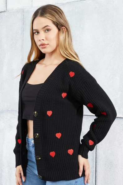 Lugmo Kadın Triko Hırka Kalp Nakışlı Standart Beden Siyah - Resim 4