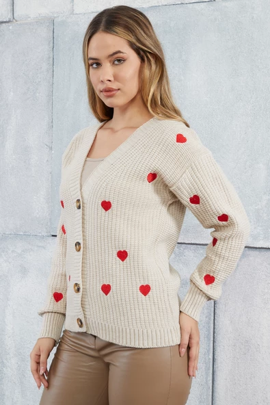 Lugmo Kadın Triko Hırka Kalp Nakışlı Standart Beden Taş - Resim 4