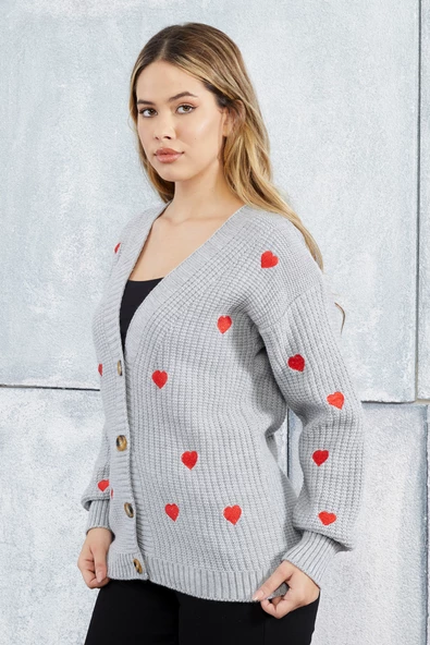 Lugmo Kadın Triko Hırka Kalp Nakışlı Standart Beden Gri - Resim 6