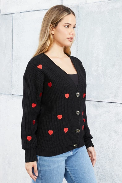 Lugmo Kadın Triko Hırka Kalp Nakışlı Standart Beden Siyah - Resim 2