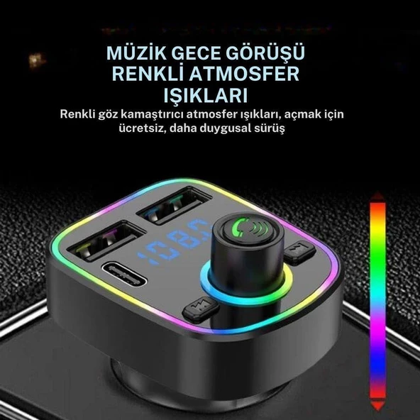 Cosmostech Car C2 Araç Fm Transmitter 5.3 Bluetooth Araç Kiti Hızlı Şarj Qc 3.1 Çift USB ve TYPE-C Mp3 Sd Kart Çakmaklık Girişli Oto Müzik Çalar - 8