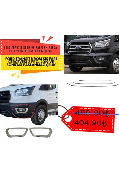 Ford Transit Krom Ön Panjur 4 Parça 2019 Ve Üzeri Paslanmaz Çelik + Sis Farı Çerçevesi 2 Prç.