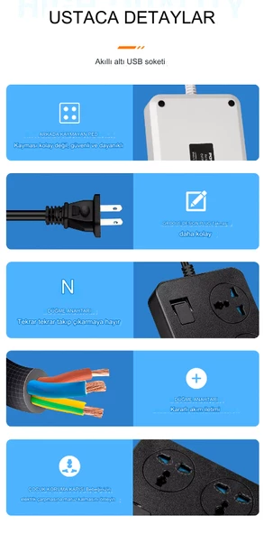 QASUL Kontrol Anahtarlı güç Kaynağı Kartı 3-AC (13A/3000W),  6 USB Şarj Portlu Soket (3.1A/5V) 1.8M Kablo Güç Adaptörü, Ofis Ev - 3