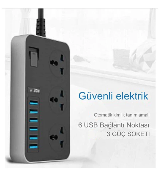 QASUL Kontrol Anahtarlı güç Kaynağı Kartı 3-AC (13A/3000W),  6 USB Şarj Portlu Soket (3.1A/5V) 1.8M Kablo Güç Adaptörü, Ofis Ev - 6