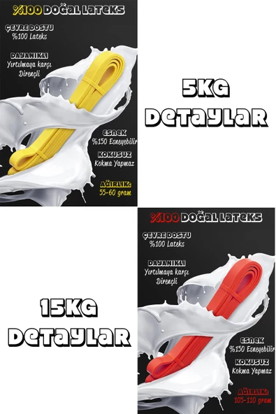 2li SET 5+15 KG Direnç Bandı Seti Kas Geliştirme Lastiği Fitness Pilates Cross Training Bant - 4
