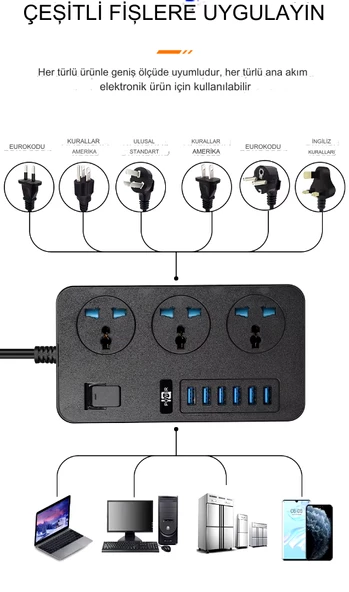 QASUL Kontrol Anahtarlı güç Kaynağı Kartı 3-AC (13A/3000W),  6 USB Şarj Portlu Soket (3.1A/5V) 1.8M Kablo Güç Adaptörü, Ofis Ev - 2