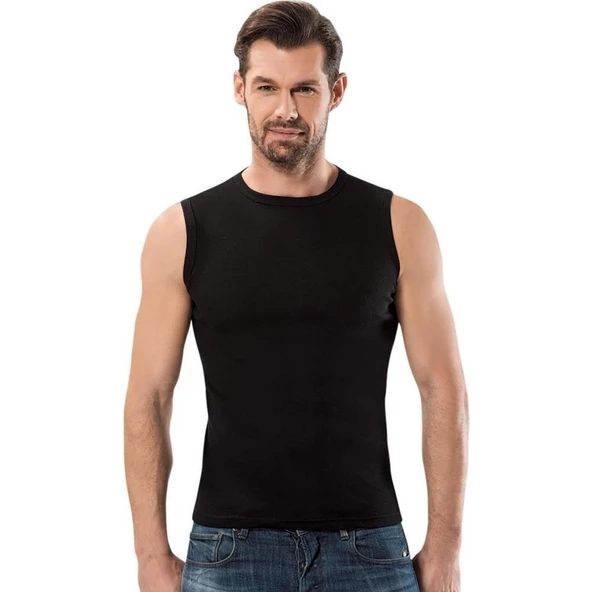 Anıt 1108 Ribana Erkek Sıfır Kol Sıfır Yaka Atlet Renkli 3'Lü   XL Siyah