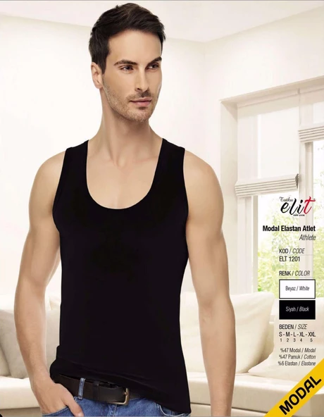 Tutku Elit Erkek Modal Likralı Askılı Atlet 1201 - 6 Adet  Siyah 2XL - Resim 2