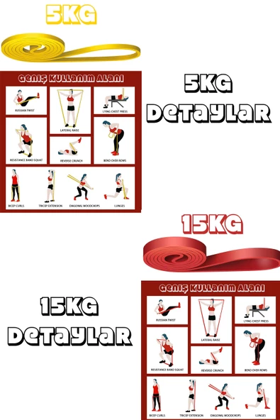 2li SET 5+15 KG Direnç Bandı Seti Kas Geliştirme Lastiği Fitness Pilates Cross Training Bant - 5
