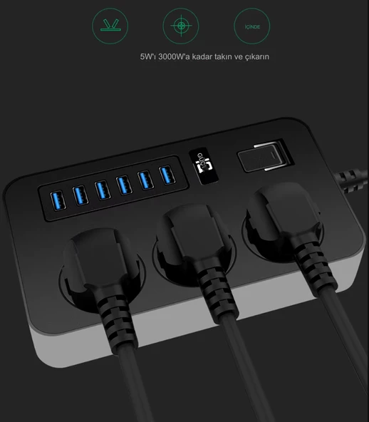 QASUL Kontrol Anahtarlı güç Kaynağı Kartı 3-AC (13A/3000W),  6 USB Şarj Portlu Soket (3.1A/5V) 1.8M Kablo Güç Adaptörü, Ofis Ev - 7