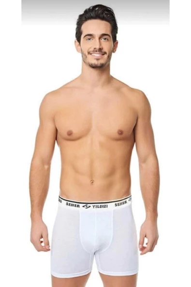 Seher Yıldızı Erkek Likralı Boxer 060 - 6 Adet  Beyaz M