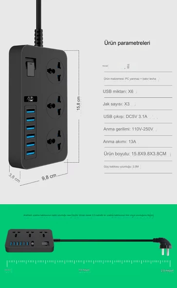 QASUL Kontrol Anahtarlı güç Kaynağı Kartı 3-AC (13A/3000W),  6 USB Şarj Portlu Soket (3.1A/5V) 1.8M Kablo Güç Adaptörü, Ofis Ev - 5