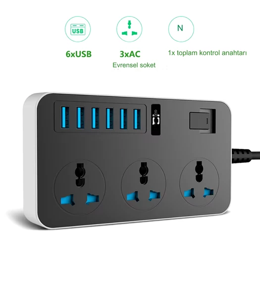 QASUL Kontrol Anahtarlı güç Kaynağı Kartı 3-AC (13A/3000W),  6 USB Şarj Portlu Soket (3.1A/5V) 1.8M Kablo Güç Adaptörü, Ofis Ev - 4