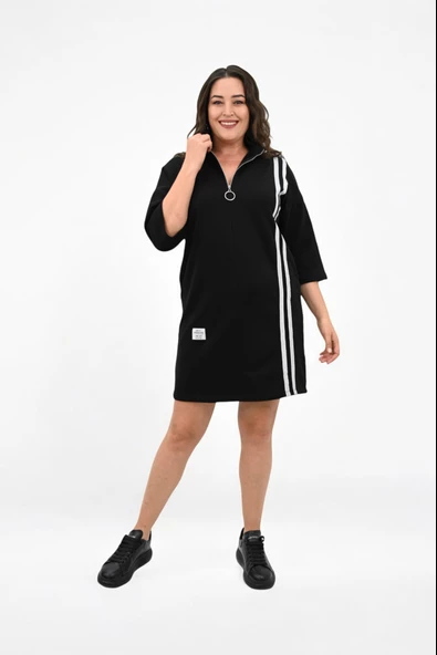 Kadın Büyük Beden Yarım Fermuarlı Şerit Detaylı Spor Elbise 5277-25 - 2