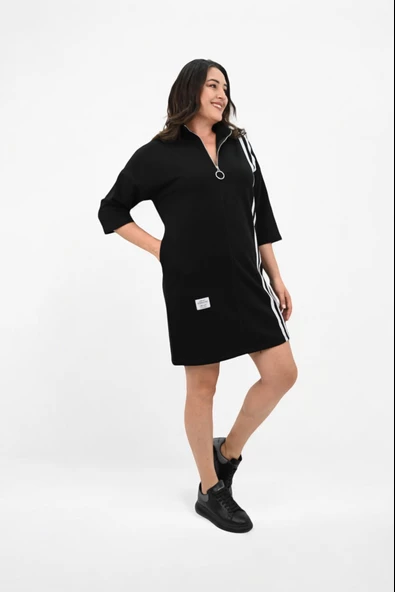 Kadın Büyük Beden Yarım Fermuarlı Şerit Detaylı Spor Elbise 5277-25 - 5