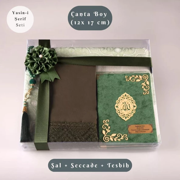Şal + Seccade + Tesbih + Yasin Hediye Seti (Çanta Boy, Şems Lafzatullah, Raşel Cilt, Yeşil)