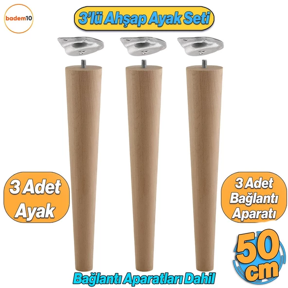 Ahşap Mobilya Ayağı 3 Adet Aparatlı 50 cm Sehpa Zigon Orta Masa Puf Tabure Tv Ünitesi Ayakları M8