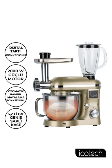 icotech Sm50 Gold 2000w 6,2 Lt Ekranlı Hamur Mayalama Kıyma Çekme Blender Stand Mikser Mutfak Şefi