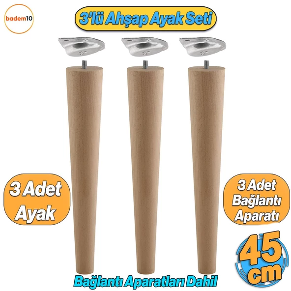 3'lü Ahşap Sehpa Ayak Takımı 45 cm Zigon Puf Tabure Ayağı Masa Ayakları Açılı Bağlantı Aparatı Dahil