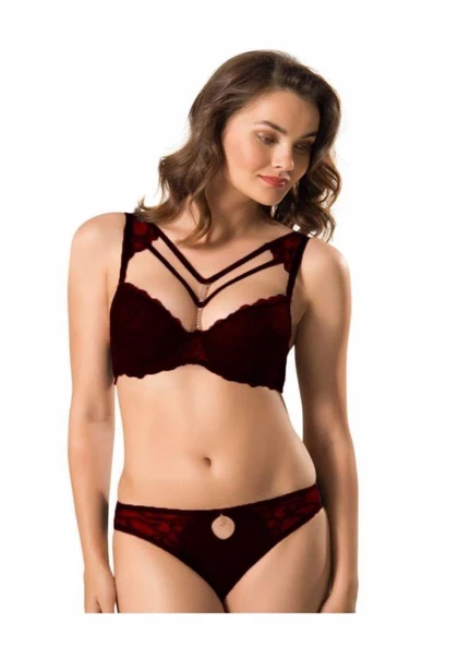 Le Jardin 5010 Silikonlu Taşlı Sütyen Takım  Bordo 80B ürün görseli 1