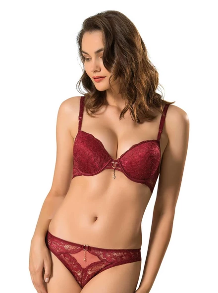 LE JARDİN 5040 CYBELE BRA SİLİKONLU TAŞLI SÜTYEN TAKIM  Bordo 90B