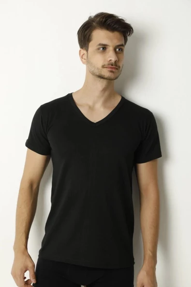 Saran Erkek Penye V Yaka Fanila Atlet 3002 - 6 Adet  Siyah 2XL