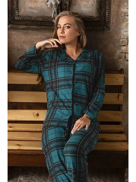 Sude Kadın  Önden Düğmeli Süet Pijama Takımı P200/390 - 1 Adet  L Yeşil