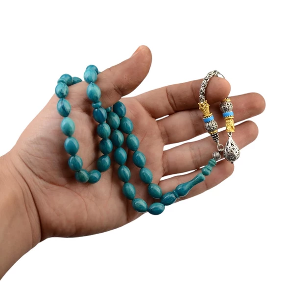 Özel Seri Gümüş Püsküllü 12x8 mm Arpa Kesim Sıkma Kehribar Tesbih - Resim 2