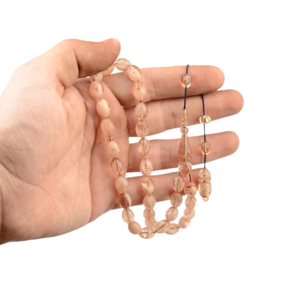 Özel Seri İmzalı Sistem Püsküllü 10x8 mm Arpa Kesim Ateş Kehribar Tesbih - 2