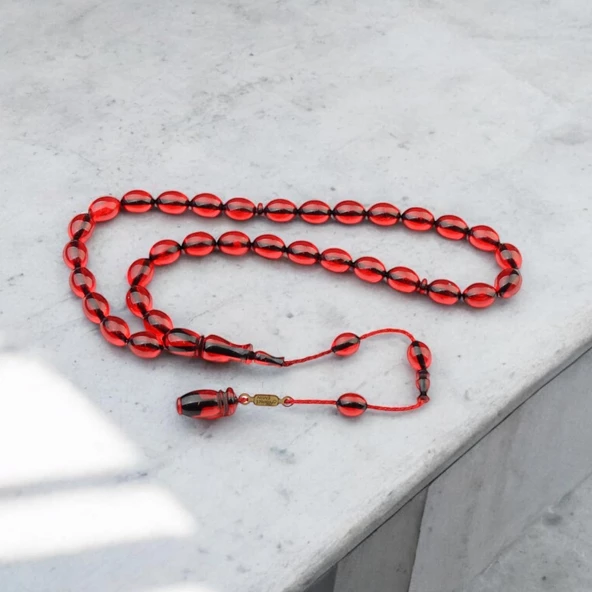 Özel Seri İmzalı Sistem Püsküllü 12x9 mm Arpa Kesim Ateş Kehribar Tesbih ürün görseli 1