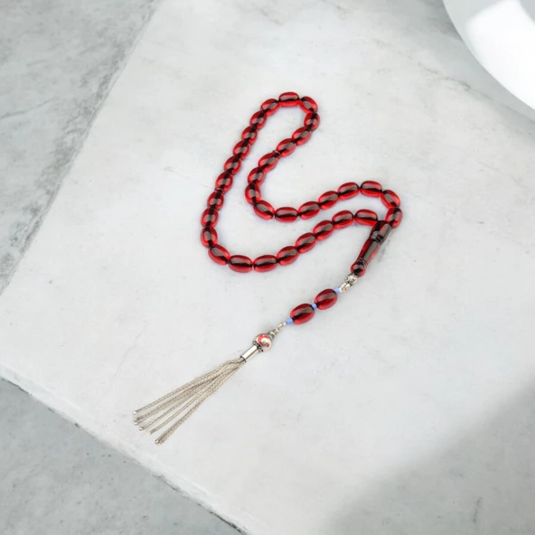 Özel Seri Gümüş Püsküllü 11x8 mm Kapsül Kesim Ateş Kehribar Tesbih ürün görseli 1