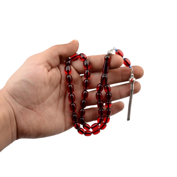 Özel Seri Gümüş Püsküllü 11x8 mm Kapsül Kesim Ateş Kehribar Tesbih - Resim 2