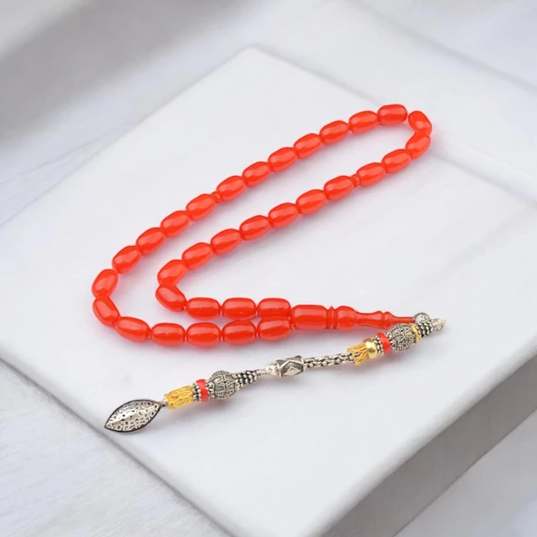 Özel Seri Kapsül Kesim Gümüş Püsküllü 11x8 mm Sıkma Kehribar Tesbih ürün görseli 1