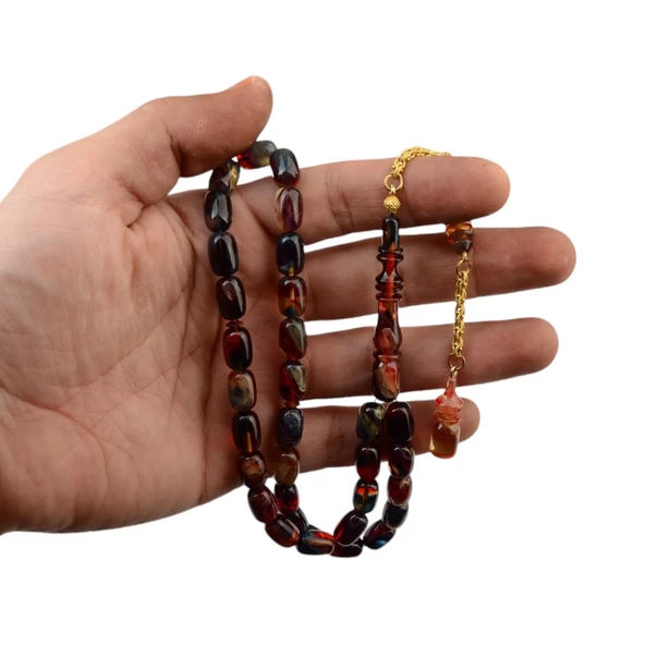 Özel Seri  Gümüş Püsküllü 11x8 mm Kapsül Kesim Ateş Kehribar Tesbih - Resim 2