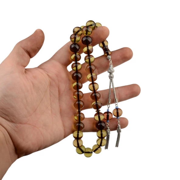 Özel Seri Gümüş Püsküllü 12x10 mm Küre Kesim Ateş Kehribar Tesbih - Resim 2