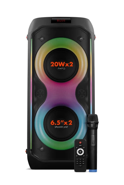 Powerway DUO XL Taşınabilir Mikrofonlu 20x2 W Karaoke Ses Kayıt Bluetooth Hoparlör Led Işıklı