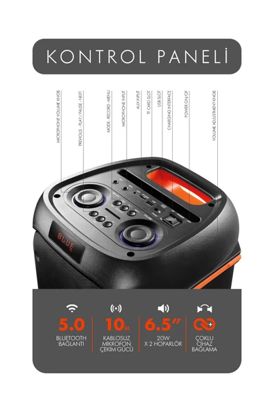 Powerway DUO XL Taşınabilir Mikrofonlu 20x2 W Karaoke Ses Kayıt Bluetooth Hoparlör Led Işıklı - 3