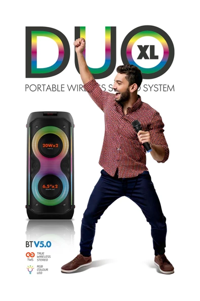 Powerway DUO XL Taşınabilir Mikrofonlu 20x2 W Karaoke Ses Kayıt Bluetooth Hoparlör Led Işıklı - 6